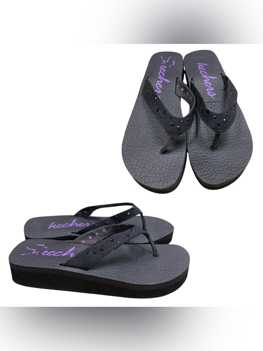Skechers Black Flip Flop Sandals with Purple Logo S10